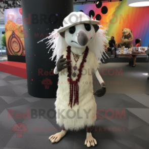 Cream Aye-Aye mascot costume character dressed with a Maxi Skirt and Hat pins