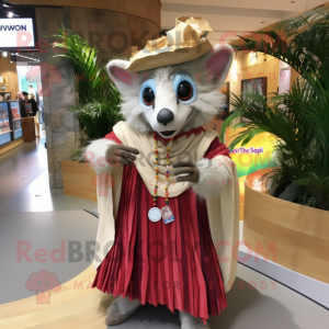 Cream Aye-Aye mascot costume character dressed with a Maxi Skirt and Hat pins