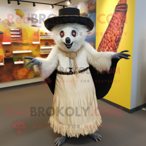 Cream Aye-Aye mascot costume character dressed with a Maxi Skirt and Hat pins