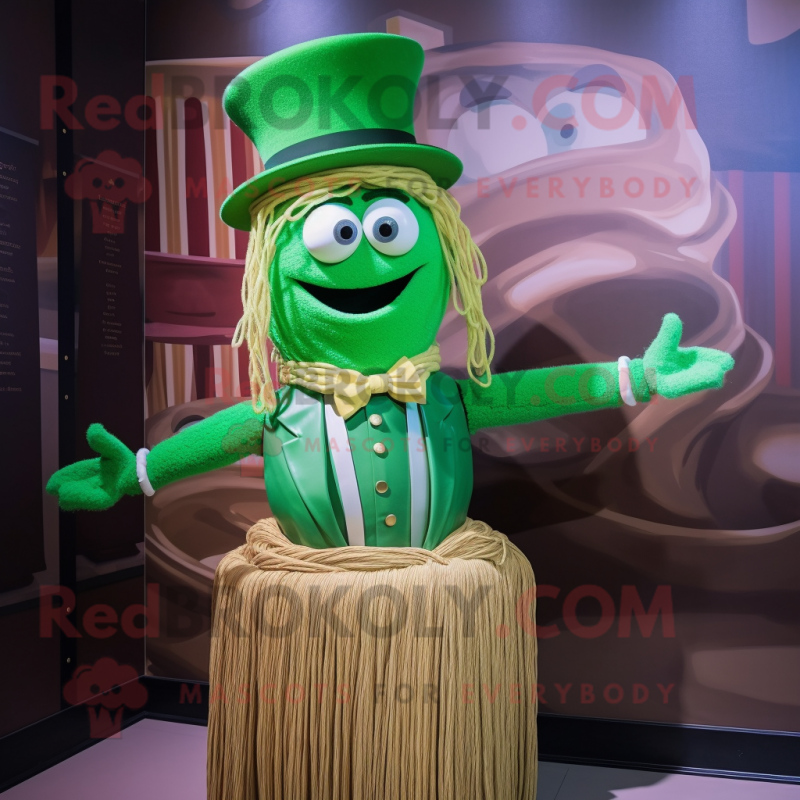 Green Spaghetti mascot costume character dressed with a Waistcoat and Hats