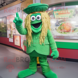 Green Spaghetti mascot costume character dressed with a Waistcoat and Hats