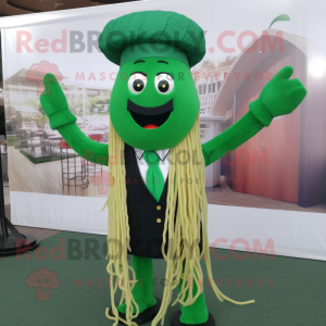 Green Spaghetti mascot costume character dressed with a Waistcoat and Hats