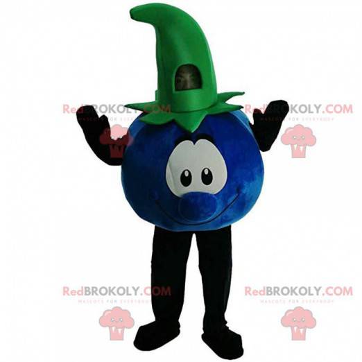 Blue and green blueberry mascot, red fruit costume -