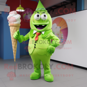 Lime Green Ice Cream mascot costume character dressed with a Trousers and Lapel pins