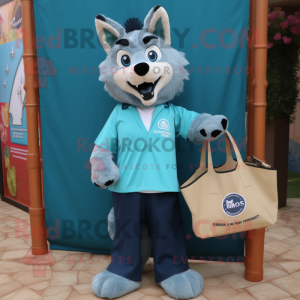 Teal Say Wolf mascot costume character dressed with a Oxford Shirt and Tote bags