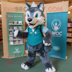 Teal Say Wolf mascot costume character dressed with a Oxford Shirt and Tote bags