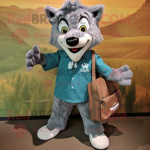 Teal Say Wolf mascot costume character dressed with a Oxford Shirt and Tote bags