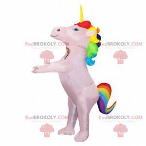 Inflatable pink unicorn mascot with colorful mane -