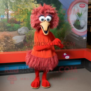 Red Emu mascot costume character dressed with a Culottes and Anklets