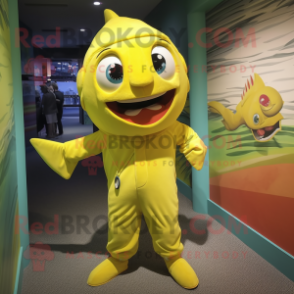 Yellow Tuna mascot costume character dressed with a Jumpsuit and Belts