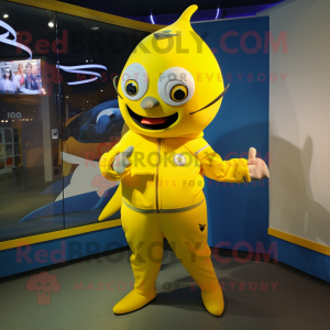 Yellow Tuna mascot costume character dressed with a Jumpsuit and Belts