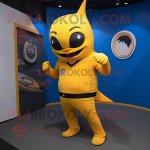 Yellow Tuna mascot costume character dressed with a Jumpsuit and Belts