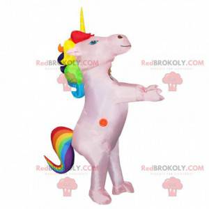 Inflatable pink unicorn mascot with colorful mane -