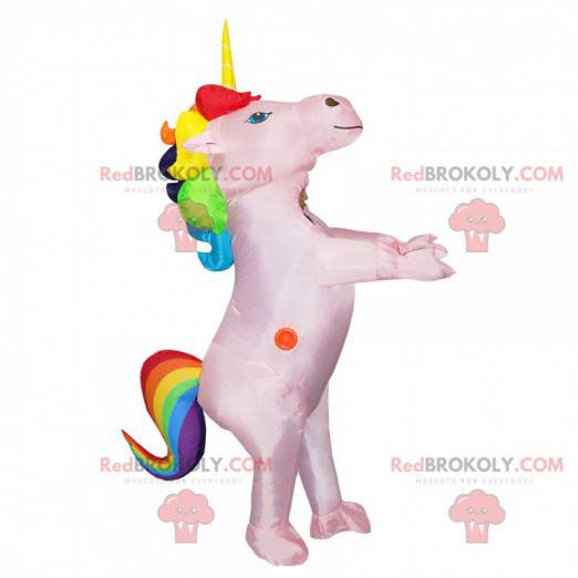 Mascota inflable unicornio rosa con melena colorida -