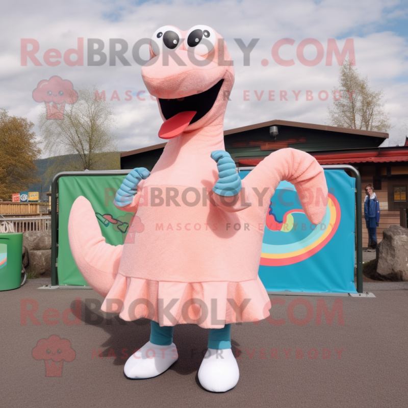 Peach Loch Ness Monster mascot costume character dressed with a A-Line Skirt and Shoe laces