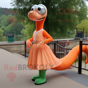 Peach Loch Ness Monster mascot costume character dressed with a A-Line Skirt and Shoe laces