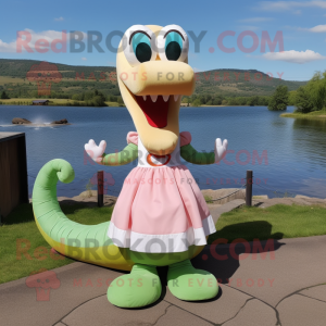 Peach Loch Ness Monster mascot costume character dressed with a A-Line Skirt and Shoe laces