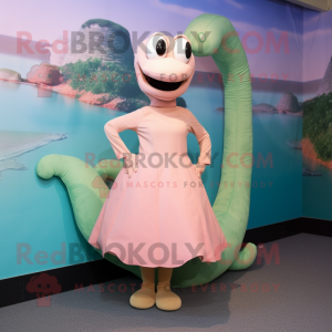 Peach Loch Ness Monster mascot costume character dressed with a A-Line Skirt and Shoe laces