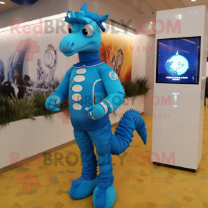 Blue Sea Horse mascot costume character dressed with a Turtleneck and Digital watches