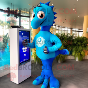 Blue Sea Horse mascot costume character dressed with a Turtleneck and Digital watches