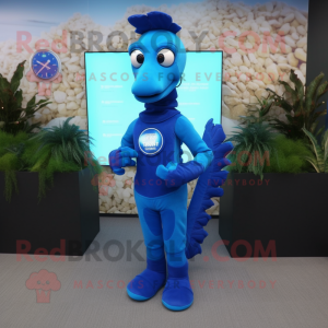 Blue Sea Horse mascot costume character dressed with a Turtleneck and Digital watches