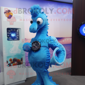 Blue Sea Horse mascot costume character dressed with a Turtleneck and Digital watches