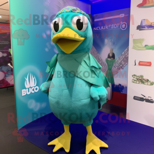 Turquoise Quail mascot costume character dressed with a Trousers and Anklets