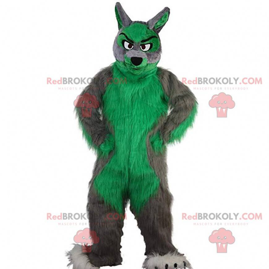 Mascote de lobo cinza e verde, fantasia de lobo peludo e