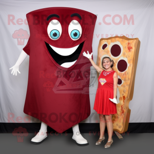 Maroon Pizza Slice mascot costume character dressed with a Sheath Dress and Earrings