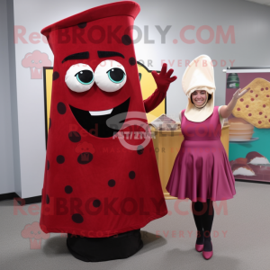 Maroon Pizza Slice mascot costume character dressed with a Sheath Dress and Earrings