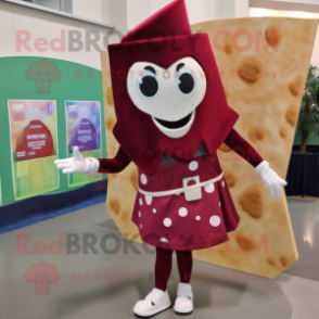 Maroon Pizza Slice mascot costume character dressed with a Sheath Dress and Earrings