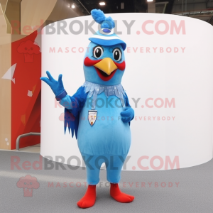 Sky Blue Woodpecker mascot costume character dressed with a Jumpsuit and Hairpins