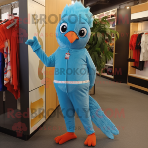 Sky Blue Woodpecker mascot costume character dressed with a Jumpsuit and Hairpins