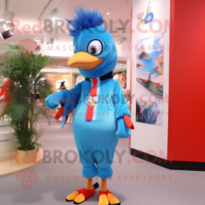 Sky Blue Woodpecker mascot costume character dressed with a Jumpsuit and Hairpins