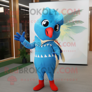 Sky Blue Woodpecker mascot costume character dressed with a Jumpsuit and Hairpins