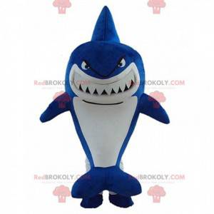 Mascote de tubarão azul grande com aparência feroz, fantasia de