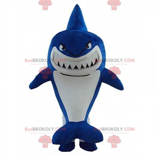 Mascota del gran tiburón azul que parece feroz, traje de mar -