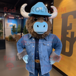 Blue Buffalo mascot costume character dressed with a Denim Shirt and Caps