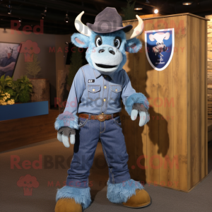 Blue Buffalo mascot costume character dressed with a Denim Shirt and Caps