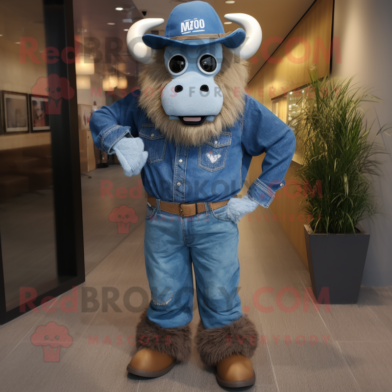Blue Buffalo mascot costume character dressed with a Denim Shirt and Caps
