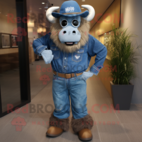 Blue Buffalo mascot costume character dressed with a Denim Shirt and Caps