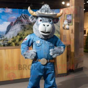 Blue Buffalo mascot costume character dressed with a Denim Shirt and Caps