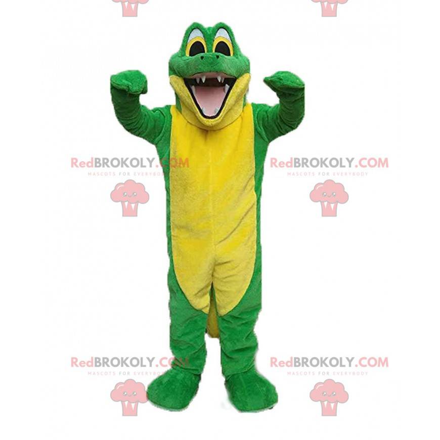 Mascote de crocodilo verde e amarelo, fantasia de crocodilo -