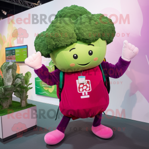 Magenta Broccoli mascot costume character dressed with a Windbreaker and Suspenders