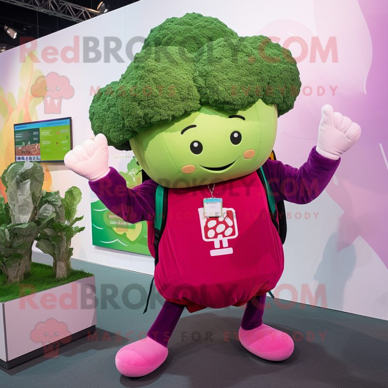 Magenta Broccoli mascot costume character dressed with a Windbreaker and Suspenders Magenta Broccoli mascot costume character dressed with a Windbreaker and Suspenders