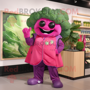 Magenta Broccoli mascot costume character dressed with a Windbreaker and Suspenders