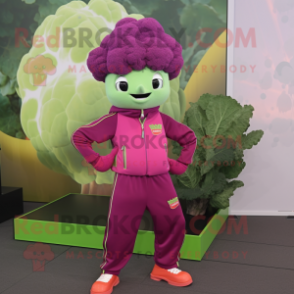 Magenta Broccoli mascot costume character dressed with a Windbreaker and Suspenders