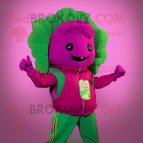 Magenta Broccoli mascot costume character dressed with a Windbreaker and Suspenders