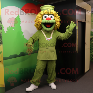 Olive Fried Chicken mascot costume character dressed with a Jumpsuit and Berets