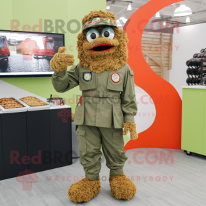 Olive Fried Chicken mascot costume character dressed with a Jumpsuit and Berets